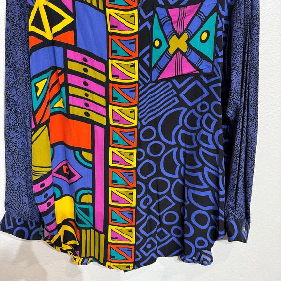 Platinum Blue Geometric Oversized Vintage Button Down Blouse Sz M - Picture 4 of 10